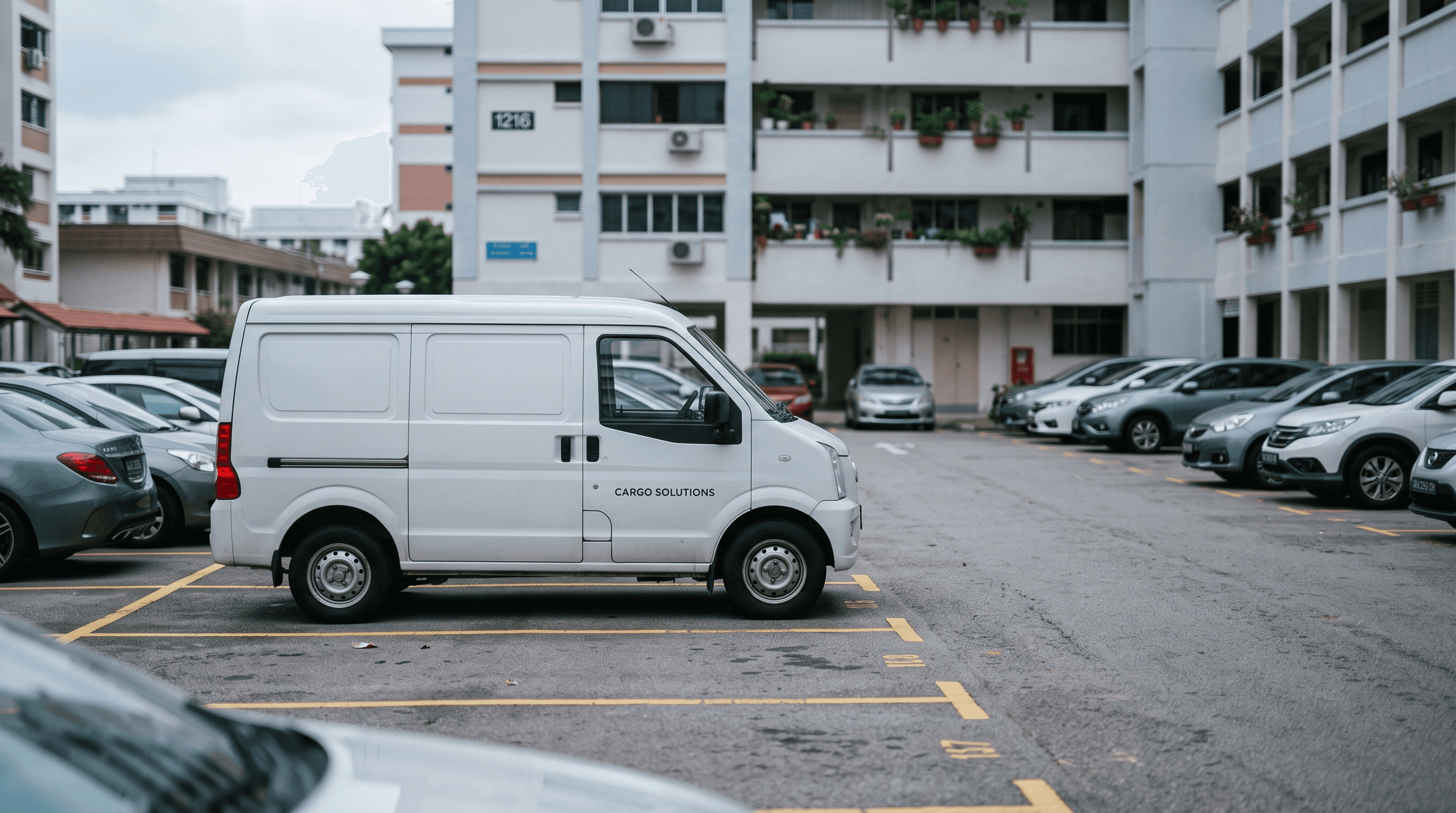 A white compact cargo van parked among private cars in an open-air Singapore HDB surface car park, yellow lot markings on the tarmac and an HDB block behind