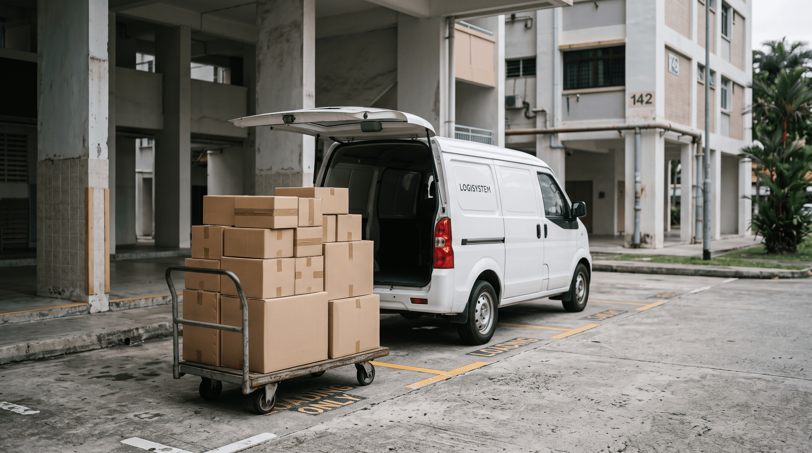 A trolley stacked with plain brown cardboard parcels beside a white compact cargo van with its rear doors open at a Singapore HDB void deck, an HDB block behind under overcast light